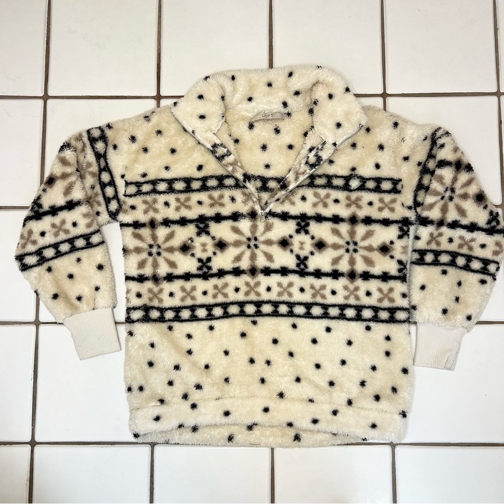 LOFT Cream and Black Patterned Zip-Up Sherpa Jacket